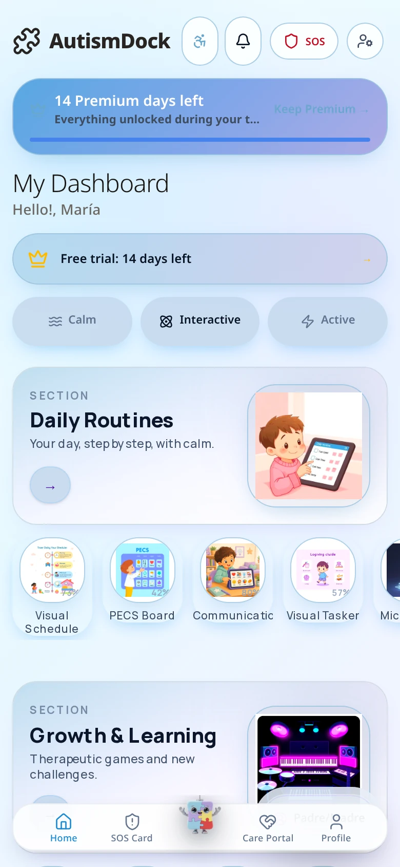 AutismDock mobile dashboard
